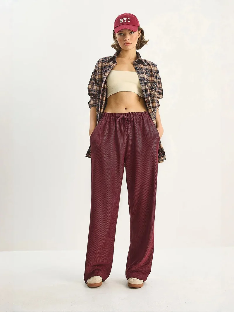 Bianco Lucci Burgundy Red LUCCI High Waist Wide Leg Pants for Women | Best Price UAE